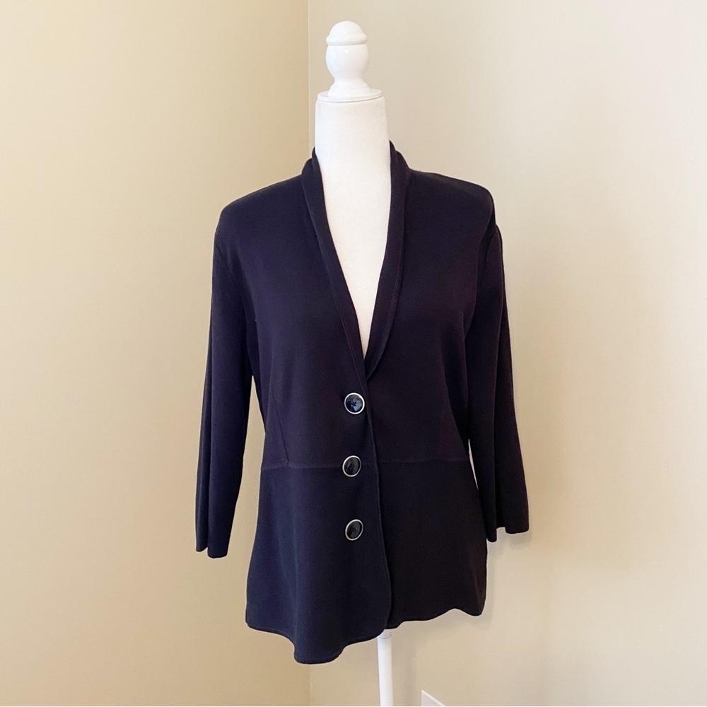 Kasper Button Front 3/4 Sleeve Black Cardigan -Large